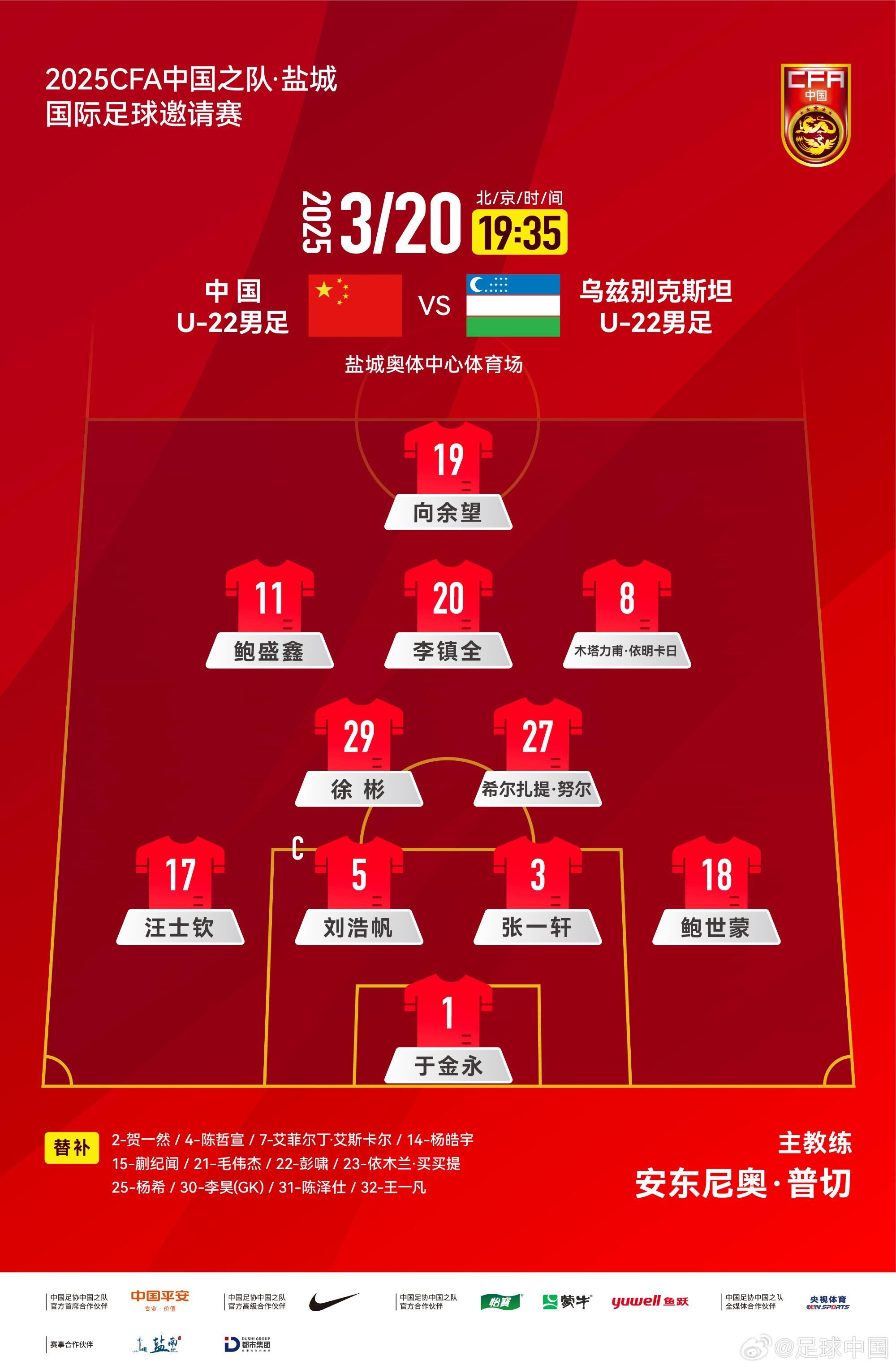 中國U-22男足VS烏茲別克斯坦U-22男足，中國隊首發名單出爐